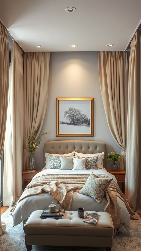 A cozy bedroom featuring a reading nook framed by elegant curtains.