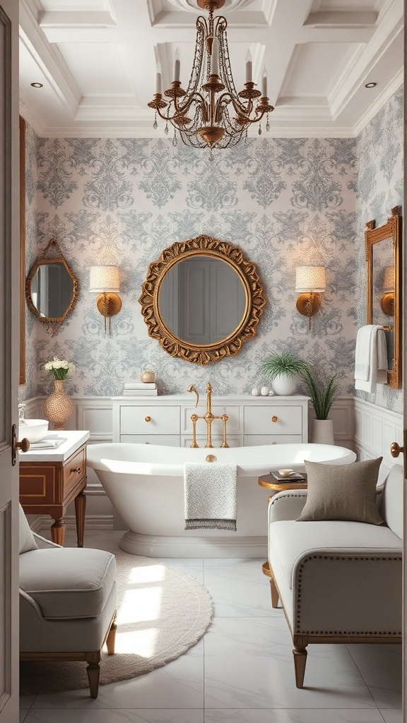 A sophisticated bathroom featuring damask wallpaper, elegant fixtures, and a cozy seating area.
