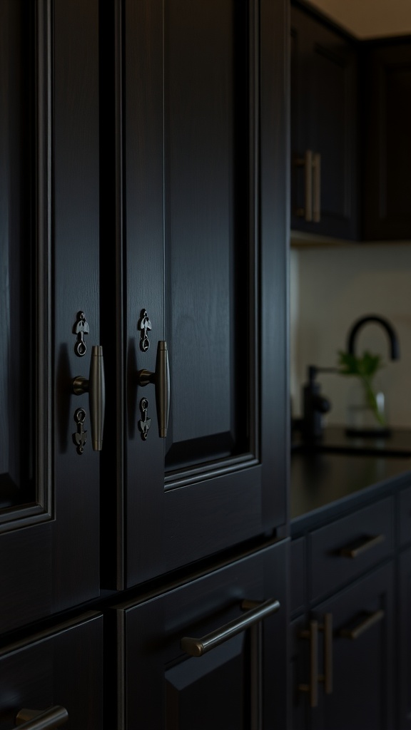 Close-up of dark kitchen cabinets with elegant metallic handles and fixtures
