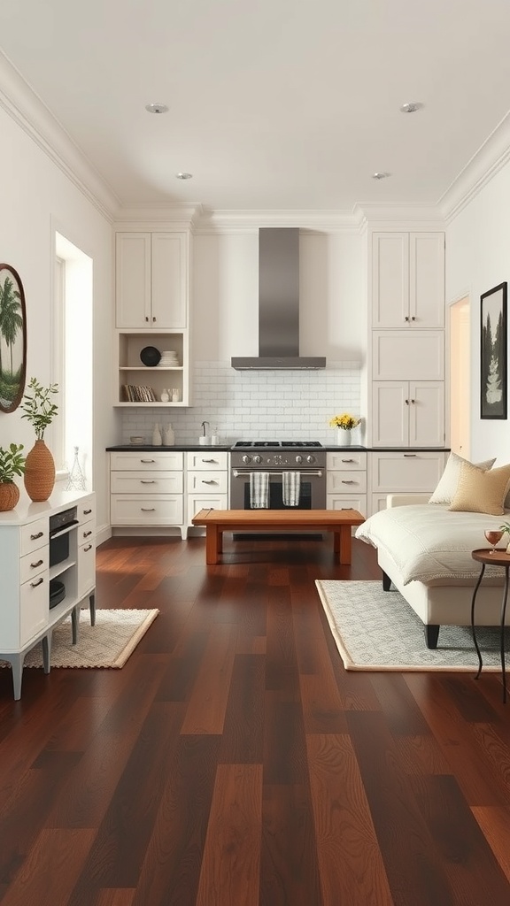 A modern kitchen featuring dark wood flooring, white cabinets, and a cozy seating area.