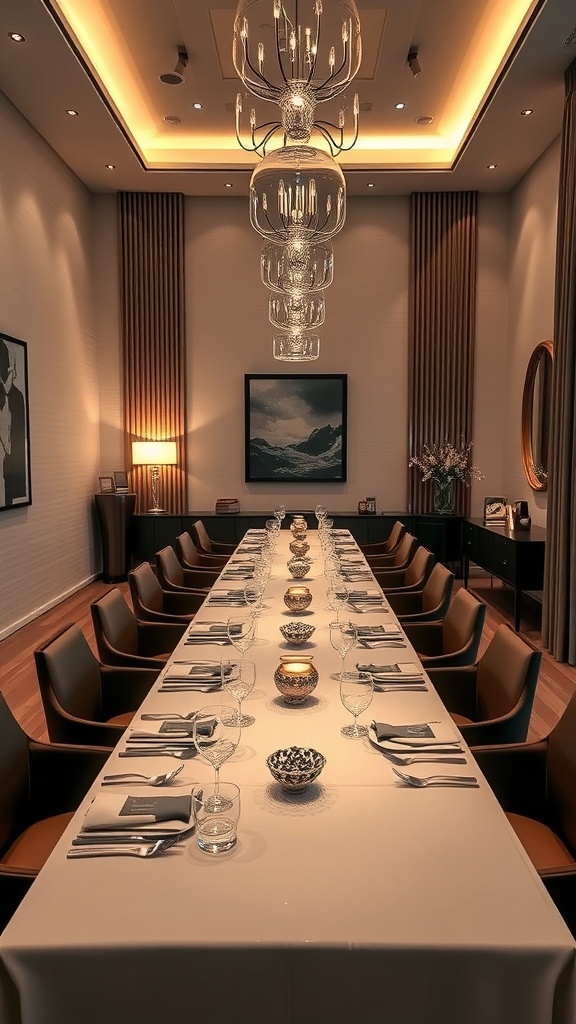 A modern dining room with a long table set for a meal, featuring elegant chairs, a chandelier, and decorative elements.