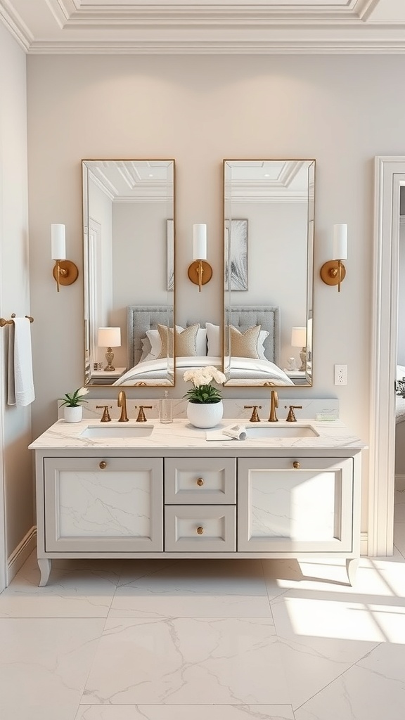 A stylish double sink vanity with a marble countertop, gray cabinetry, gold fixtures, and decorative plants.