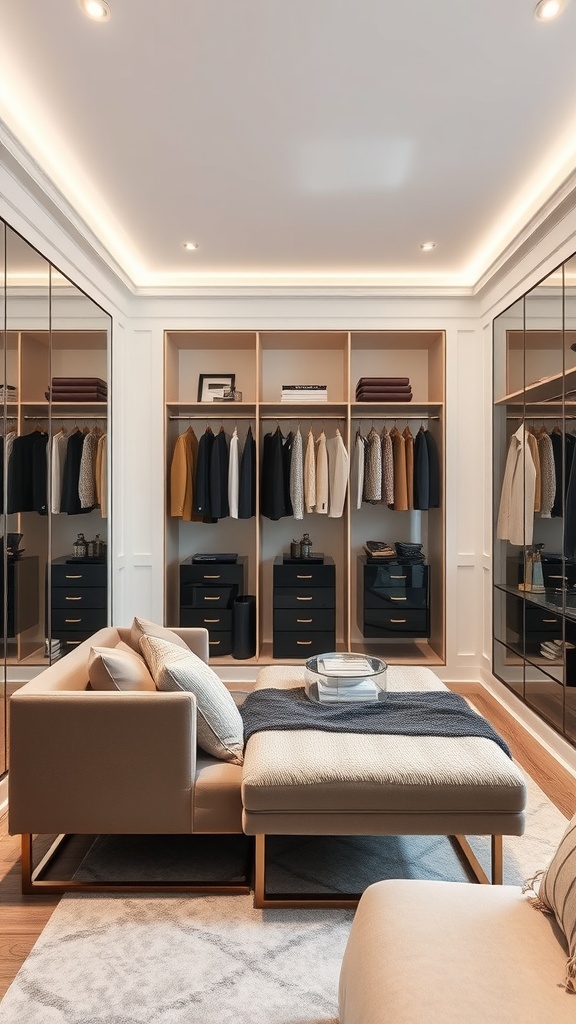 A modern dressing area featuring large mirrors, organized clothing, and a cozy seating area.