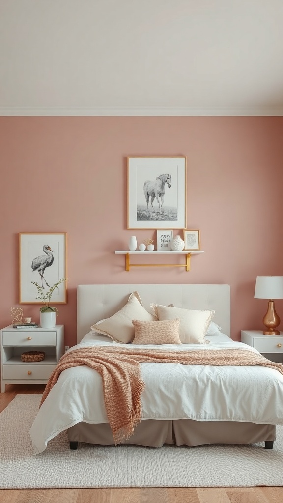 A cozy bedroom featuring a dusty rose accent wall, neutral bedding, and framed animal artwork.