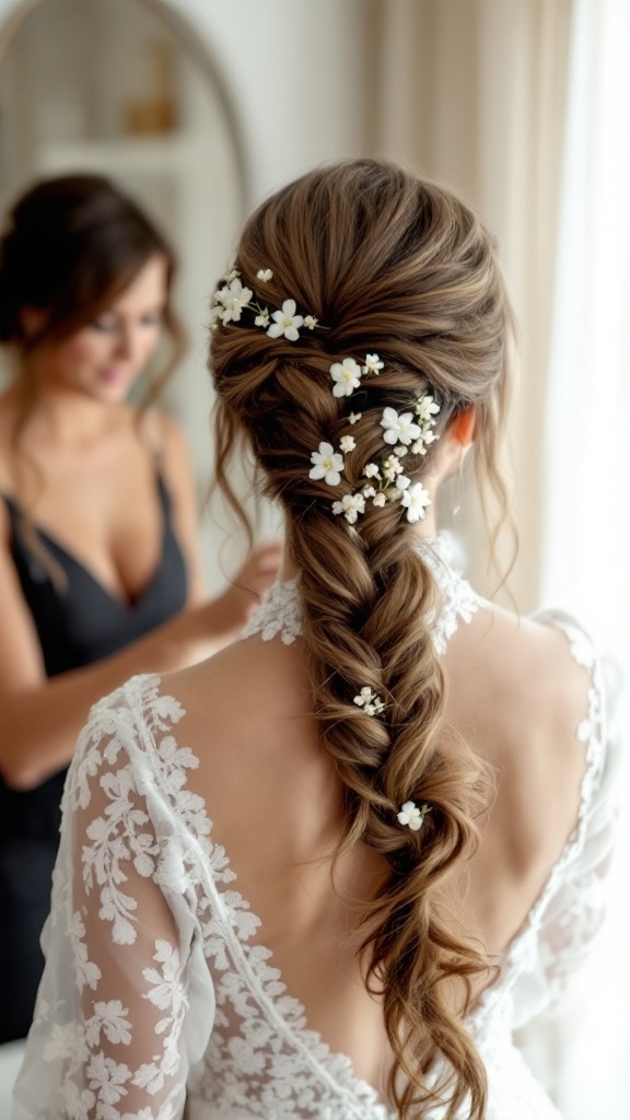 A close-up of a bride's elegant Dutch braid adorned with small white flowers, showcasing a half-up, half-down hairstyle.