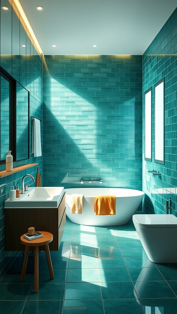 A modern bathroom featuring elegant emerald tiles, a freestanding tub, and wooden accents.