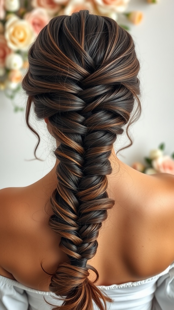 A close-up of a woman's elegant fishtail braid with dark hair and caramel highlights, set against a floral background.