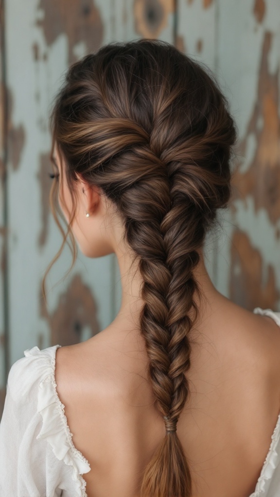A woman with a fishtail braid hairstyle, showcasing a detailed and elegant braid.