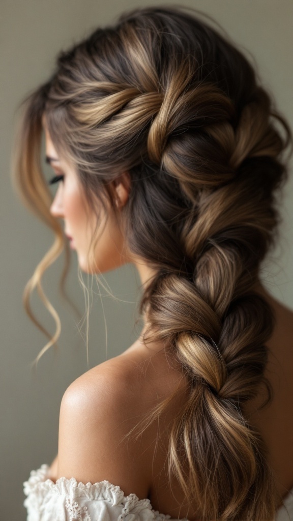 A woman with long hair styled in a thick fishtail braid, showcasing highlights and a textured appearance.