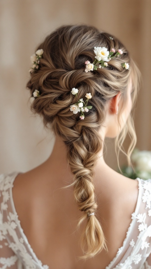 A close-up view of an elegant fishtail braid updo adorned with small flowers