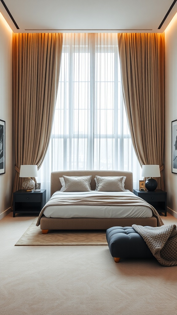 A modern bedroom featuring elegant floor-length curtains, a cozy bed, and stylish nightstands.
