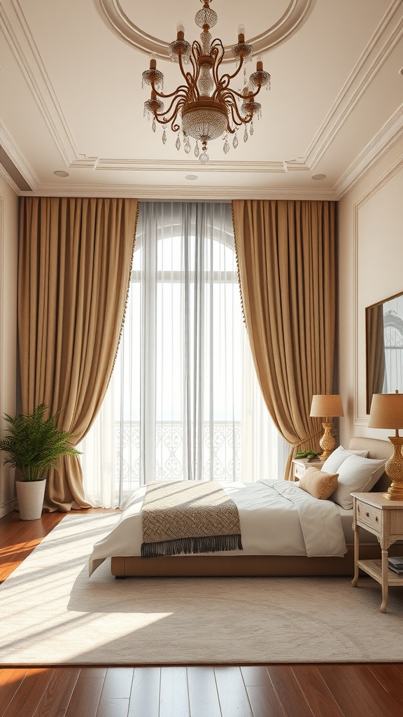 A beautifully decorated bedroom featuring elegant floor-length curtains, a chandelier, and a cozy bed.