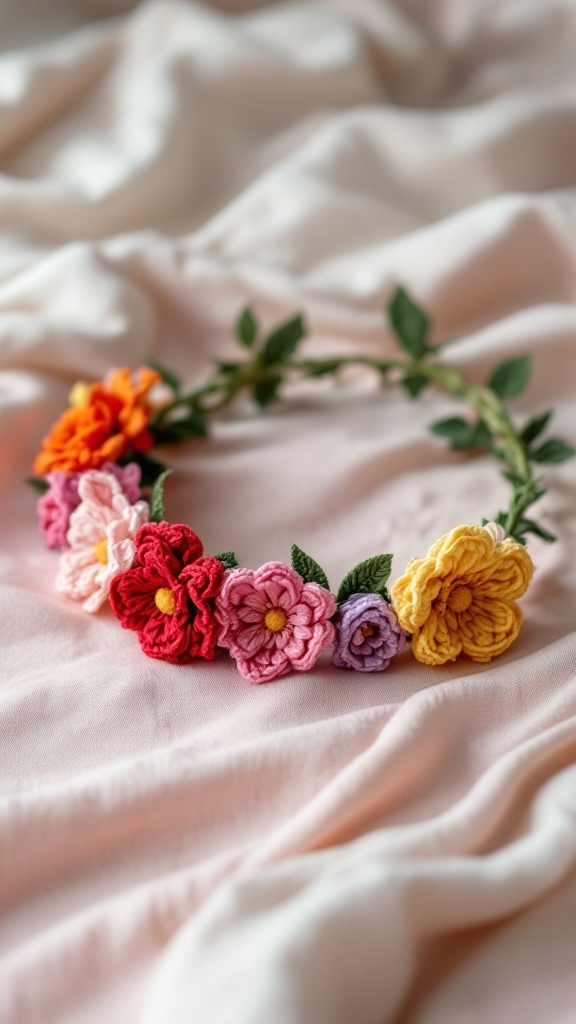Colorful crochet crown with floral design on soft fabric