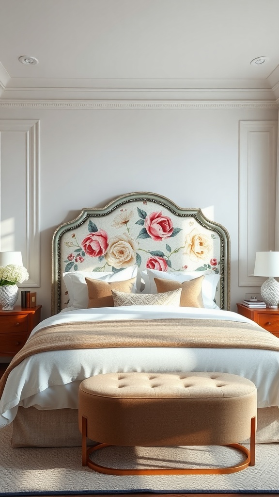 A stylish bedroom featuring a floral headboard with roses, neutral bedding, and a cozy atmosphere.