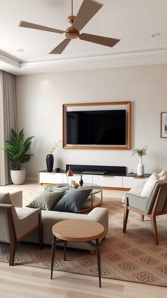 A stylish living room featuring a framed TV, minimalist furniture, and decorative plants.