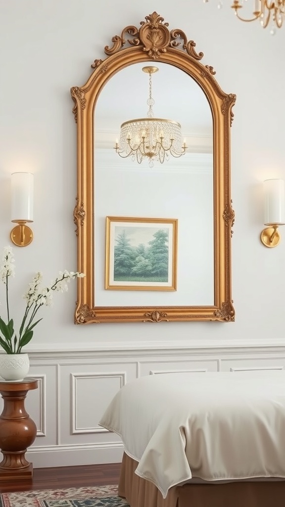 An elegant room featuring a large ornate golden-framed mirror, a chandelier, and a stylish nightstand with flowers.