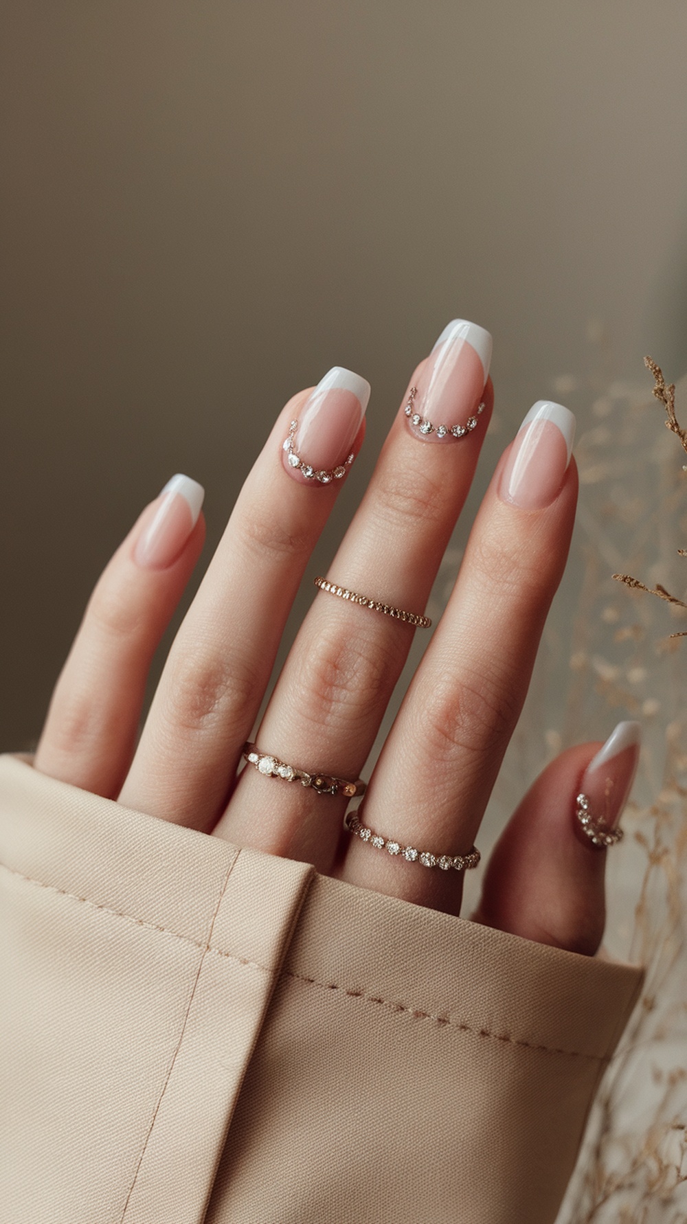 Elegant French nails with rhinestones, showcasing a soft pink base and white tips, adorned with delicate rings.