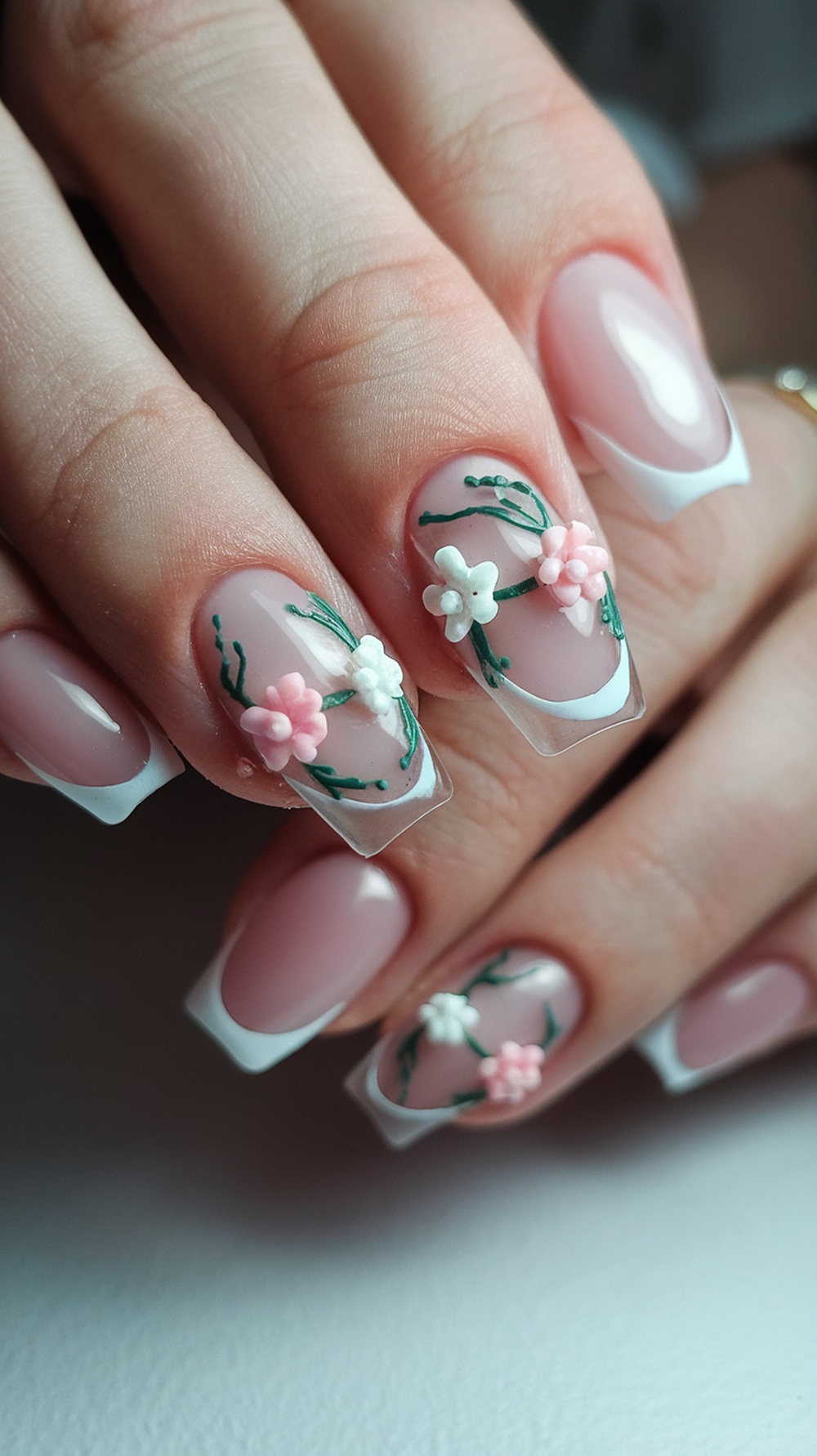 Close-up of a woman's hand showcasing elegant French tip nails with floral designs.
