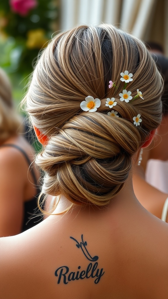 A woman with a French twist hairstyle decorated with summer flowers