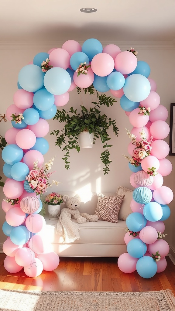 A beautiful balloon arch in pink and blue colors, decorated with small flowers, surrounding a cozy sofa and teddy bear.