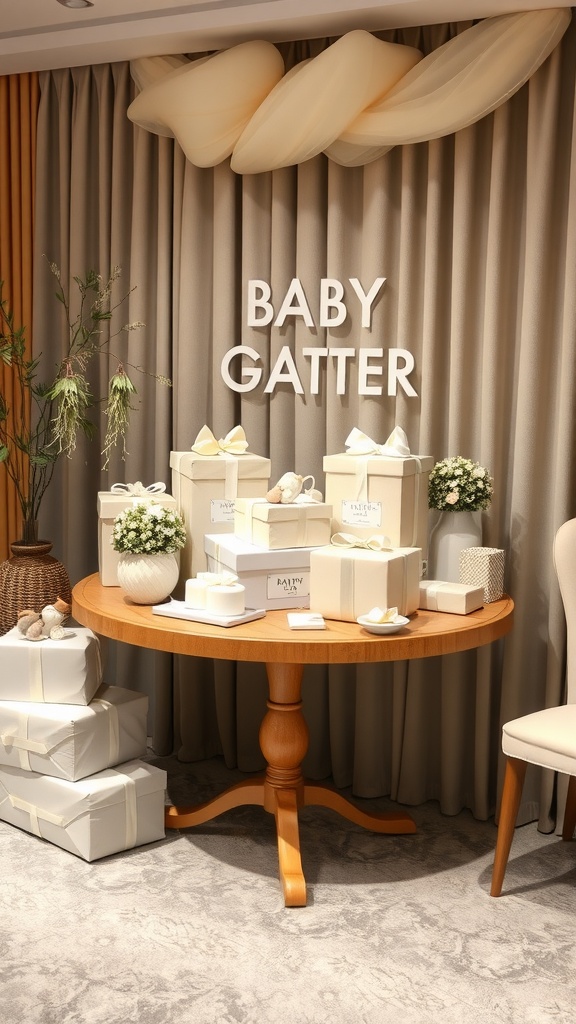 An elegant gift table for a neutral baby shower, featuring wrapped gifts, a 'BABY GATTER' sign, and soft decor.