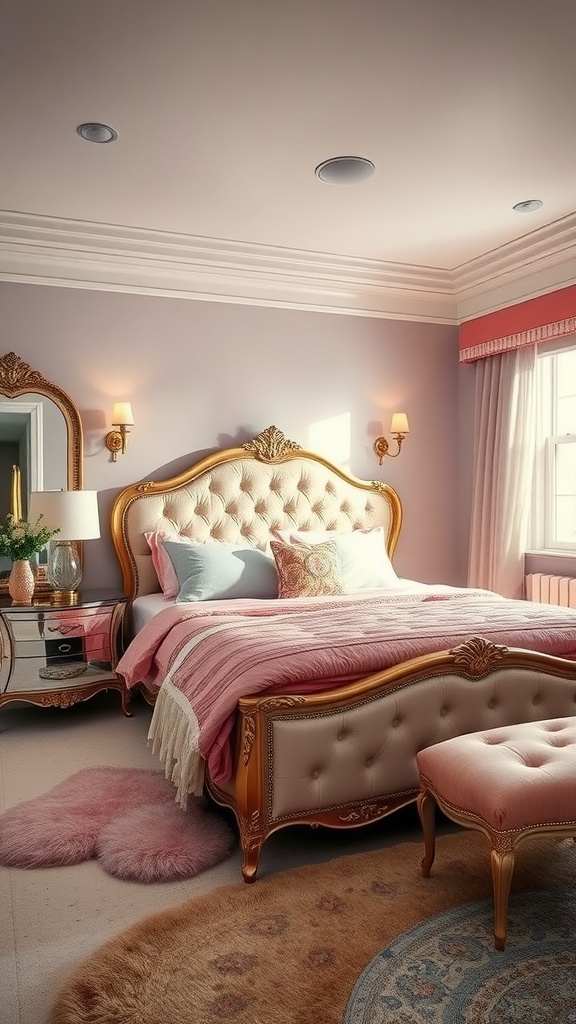 A stylish teen bedroom with a pink and gold theme, featuring an elegant bed, soft bedding, and decorative accents.