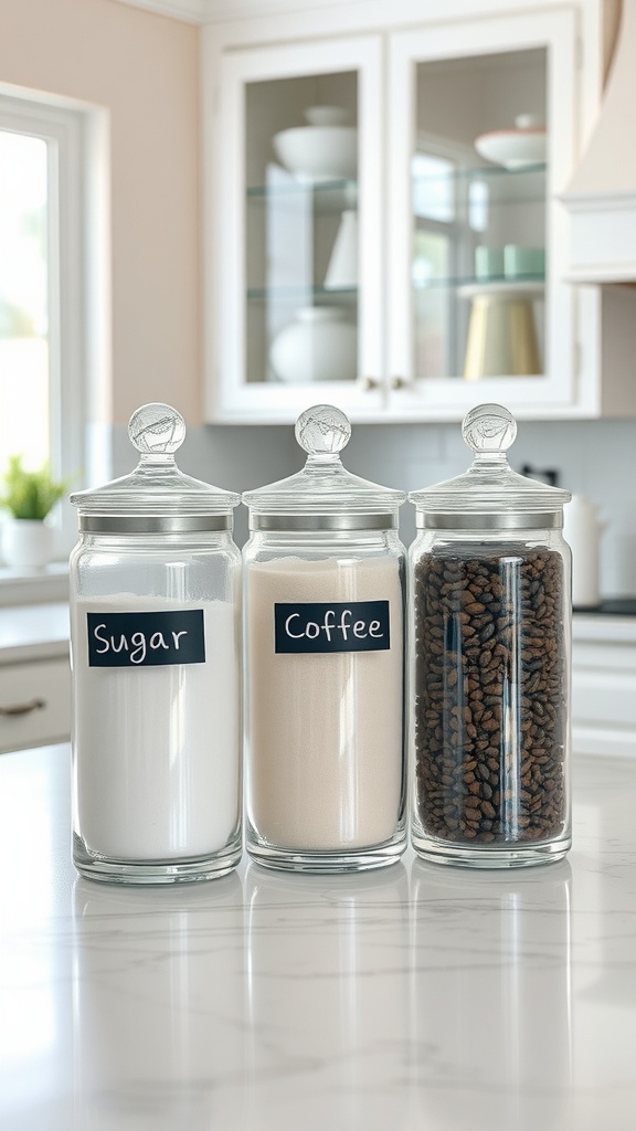 Three glass canisters labeled sugar, coffee, and another ingredient on a kitchen island