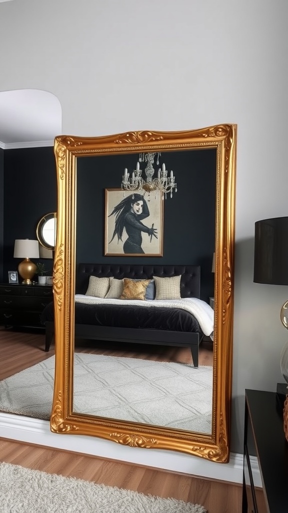 A large gold-framed mirror reflecting a stylish black and gold bedroom with a chandelier.