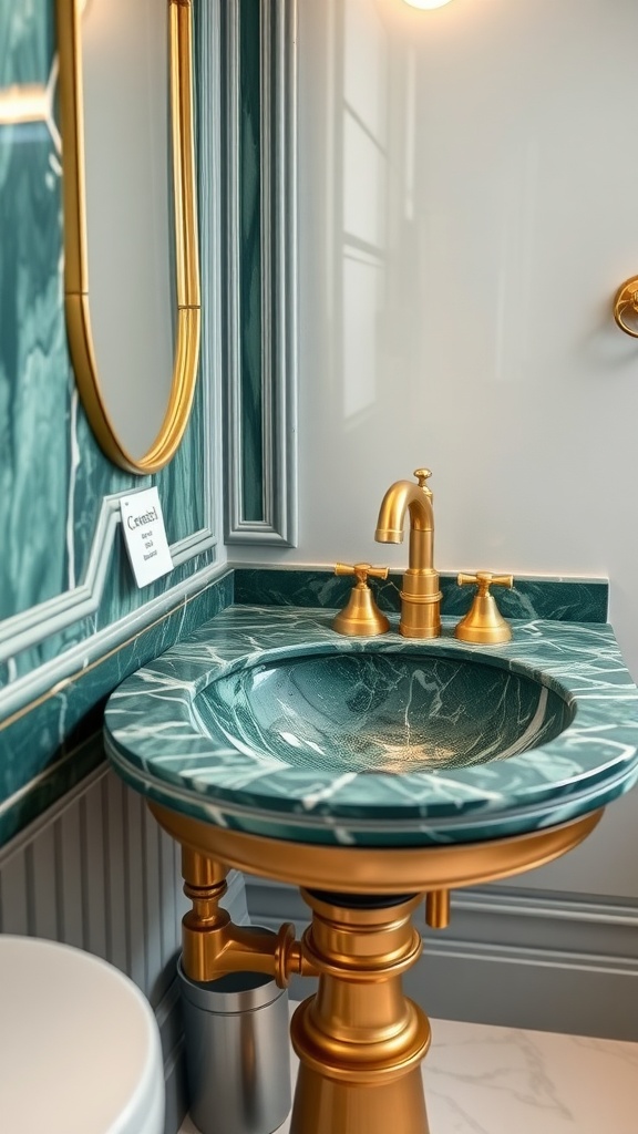 Elegant green marble sink with gold fixtures in a luxurious bathroom setting