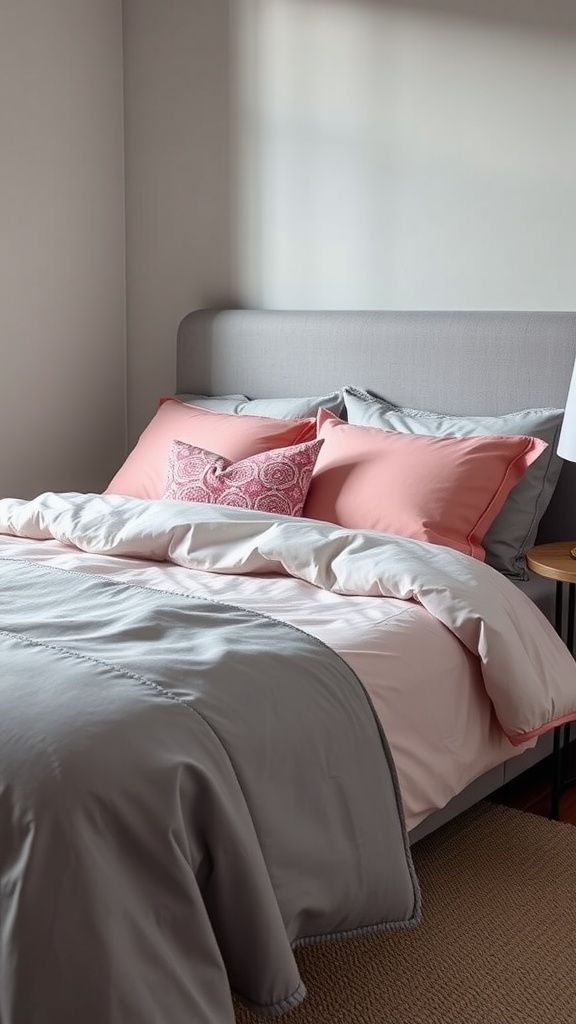 A cozy bedroom featuring grey and pink bedding. The bed is adorned with a grey duvet and pink pillows, creating a soothing and elegant atmosphere.