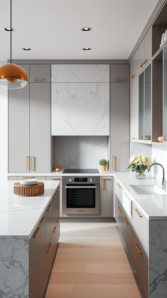 A modern kitchen featuring grey marble countertops, sleek cabinetry, and warm golden hardware.