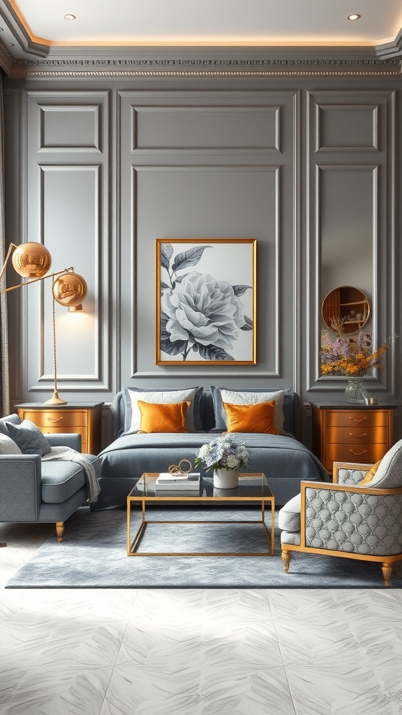 A stylish living room featuring grey walls, gold accents, and orange cushions.