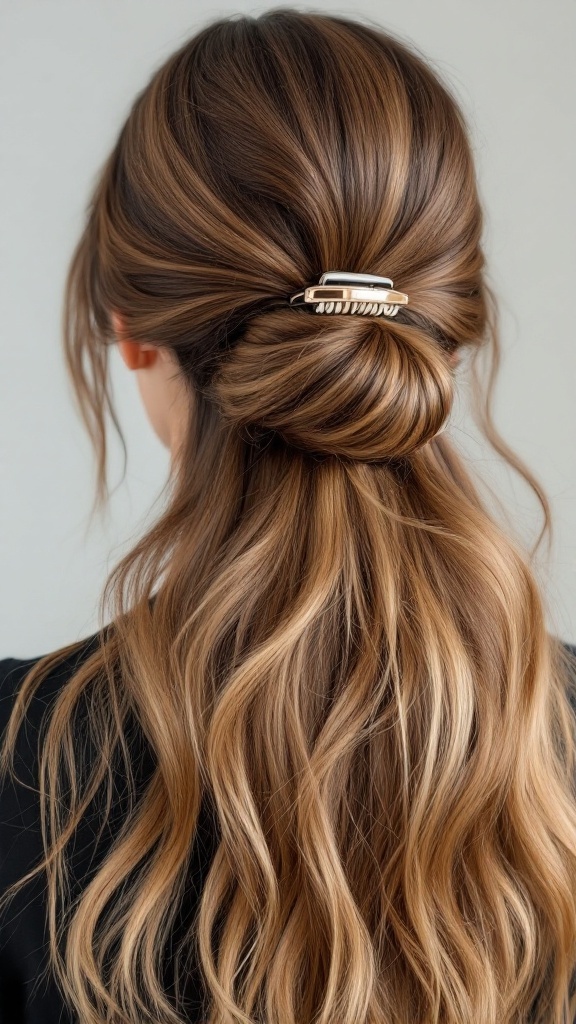 A woman with long hair styled in an elegant half-up bun secured with a claw clip.