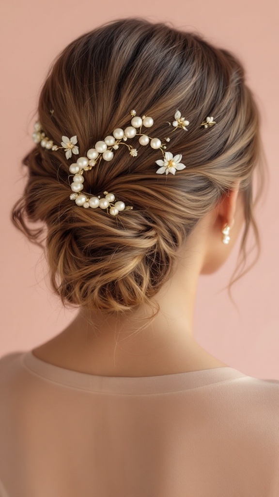 A woman with a half-up chignon hairstyle adorned with pearls and flowers, perfect for a wedding.