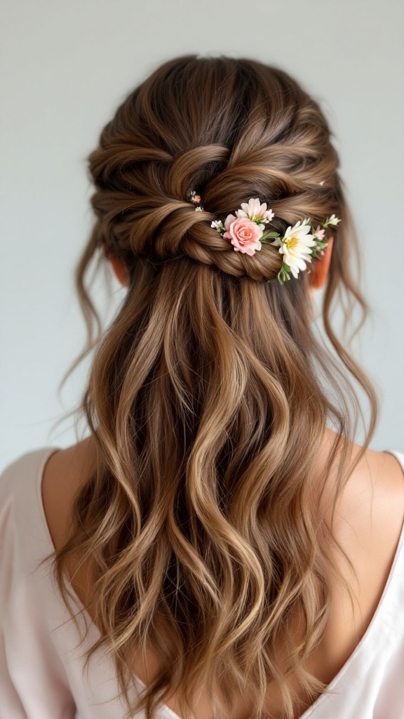 A woman with a half-up twist hairstyle adorned with flowers, featuring soft waves and a romantic look.