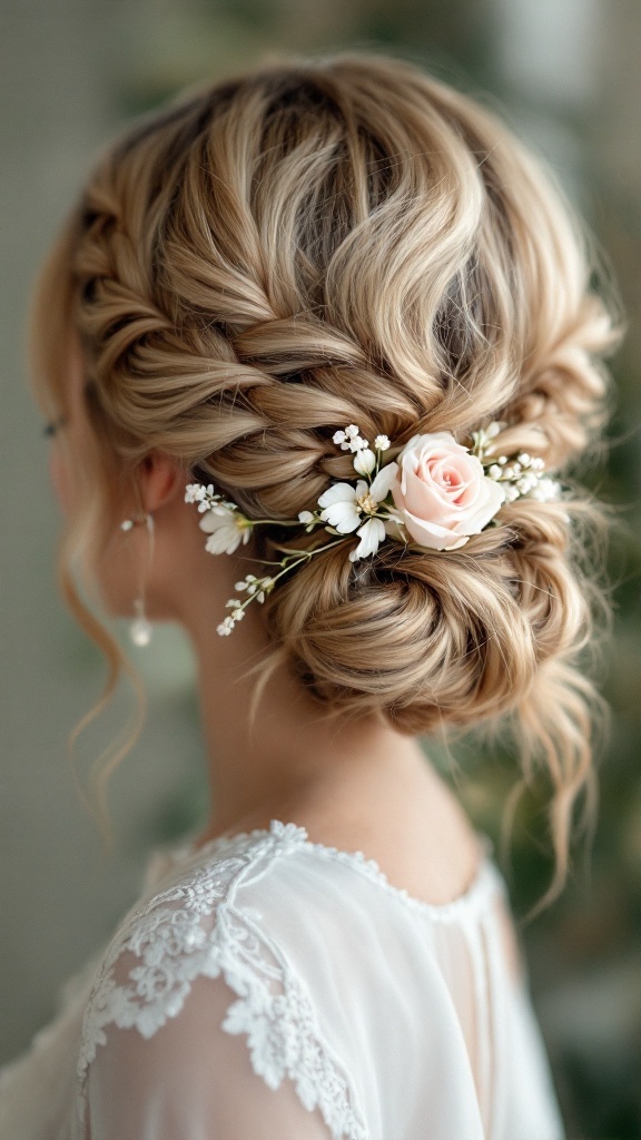 A beautiful half-updo hairstyle featuring braids and floral accents, perfect for bridesmaids with shoulder-length hair.