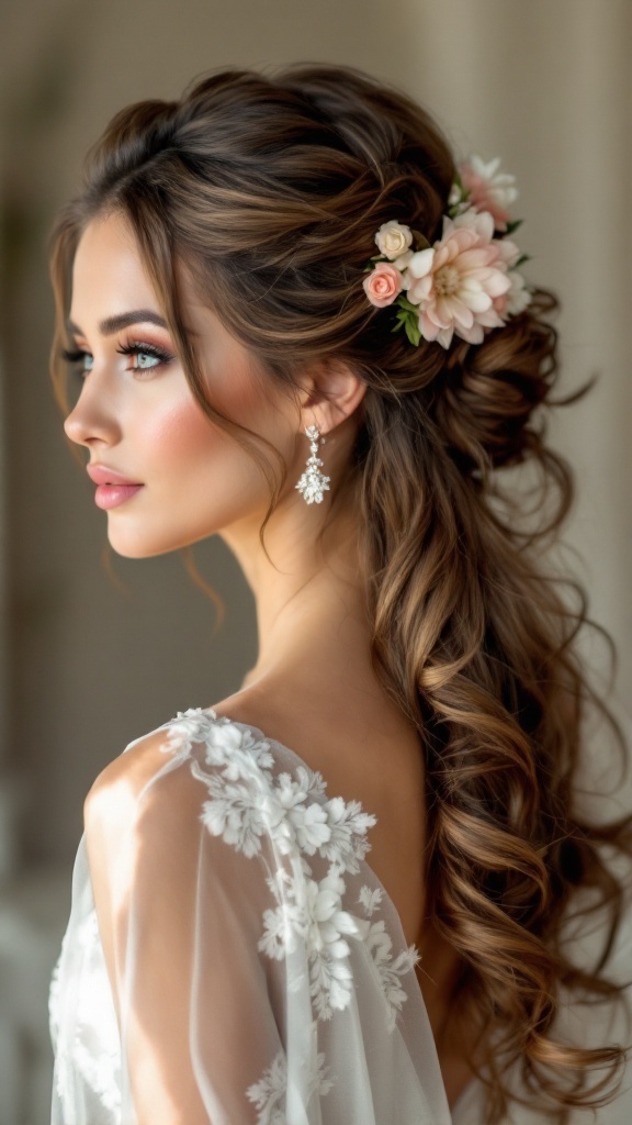 A woman with a half up half down ponytail hairstyle, adorned with flowers and elegant earrings.