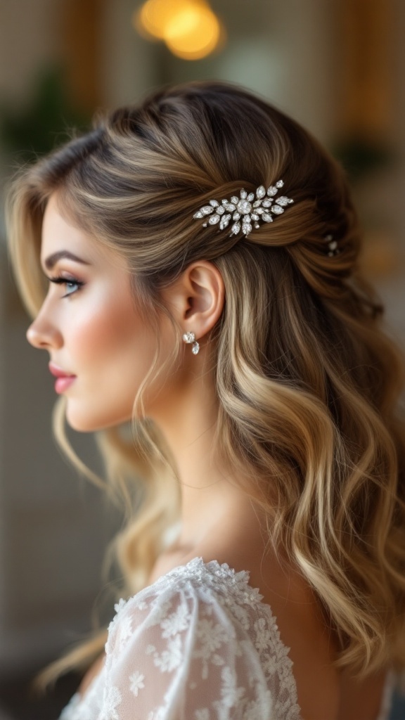A side profile of a woman with a half up half down hairstyle adorned with crystal pins.