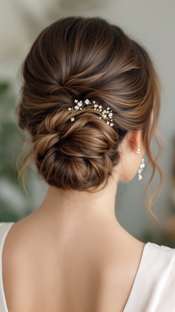 Half up half down bun hairstyle with a floral accessory, perfect for formal events.