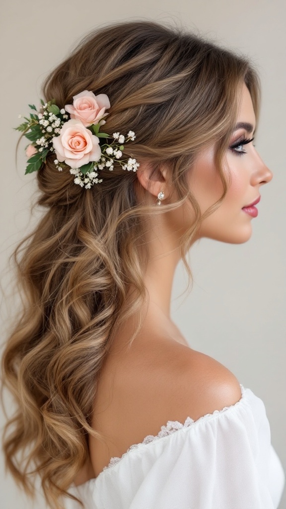 A woman with a half updo hairstyle, featuring soft curls and floral accents.