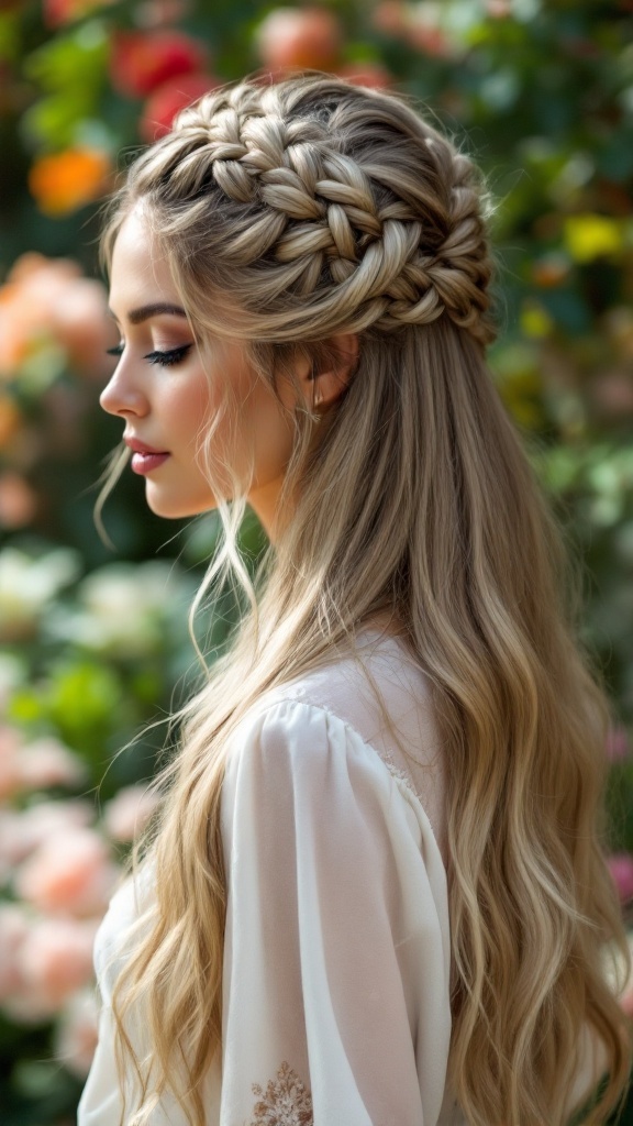 A woman with half up half down hairstyle featuring braids and straight hair.