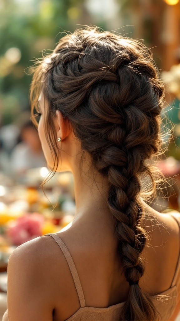 A young girl with a braided headband hairstyle, showcasing a beautiful braid wrapped around her head.