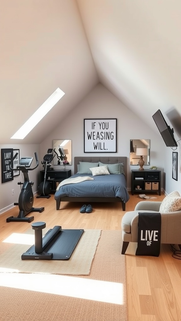 A stylish attic home gym with workout equipment and a cozy seating area.