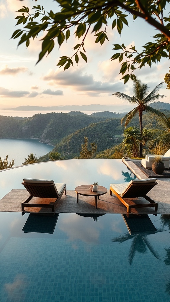 Elegant infinity pool with lounge chairs overlooking a scenic landscape
