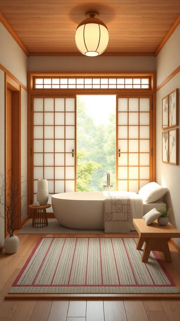 A serene Japanese bathhouse with a modern bathtub, wooden elements, and large windows overlooking greenery.