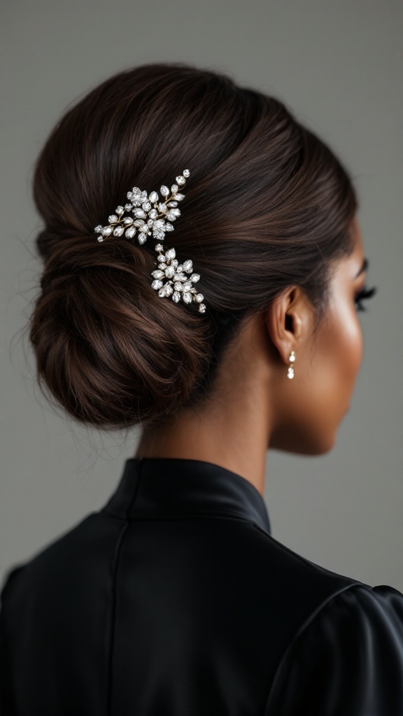 A close-up of an elegant knot hairstyle with decorative hair accessories, showcasing black hair styled beautifully.