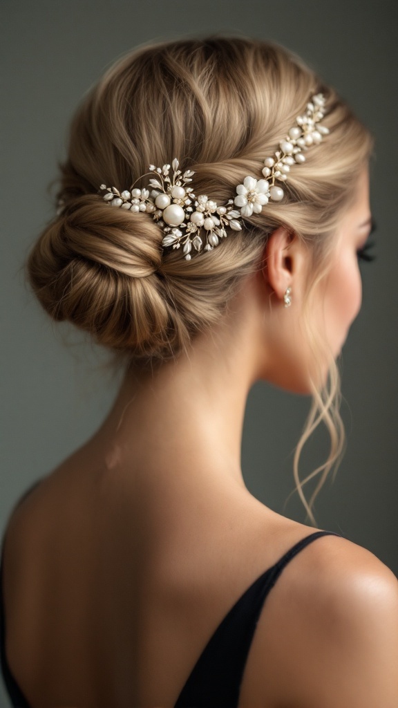 A woman with medium hair styled in an elegant knot, adorned with a delicate floral hair accessory.