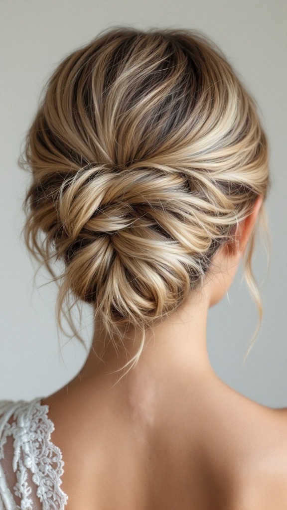 A beautiful updo with a twisted bun and soft tendrils framing the face, showcasing an elegant hairstyle for bridesmaids.