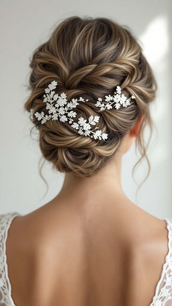 A close-up view of an elegant lace-braided updo hairstyle adorned with white floral accessories.