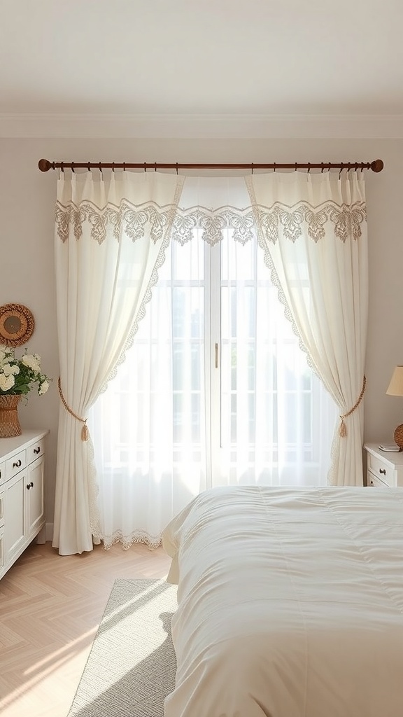 Elegant lace curtains framing a window in a bright kitchen